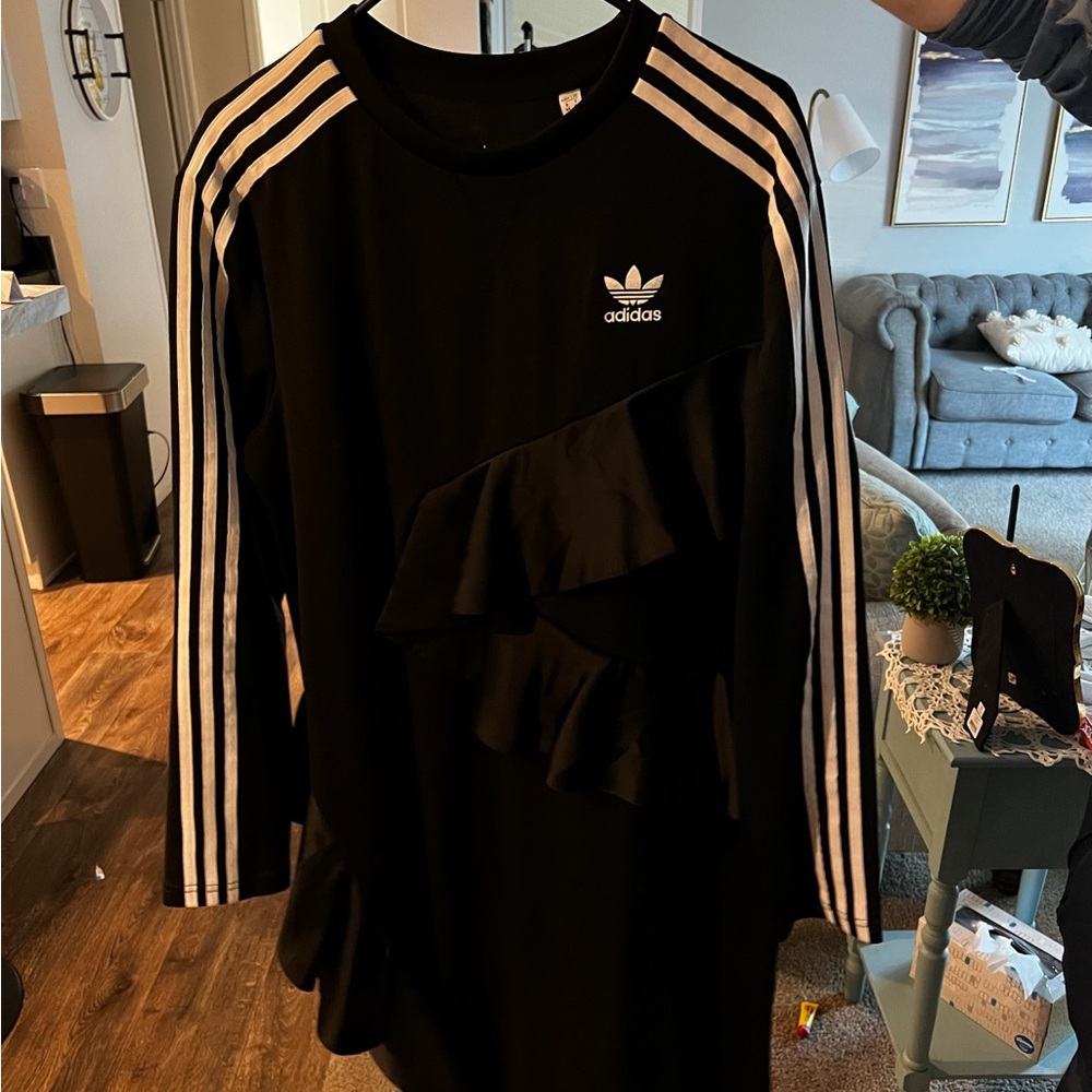 adidas Black Ruffle Midi Dress with Striped Sleeves - Picture 2 of 2